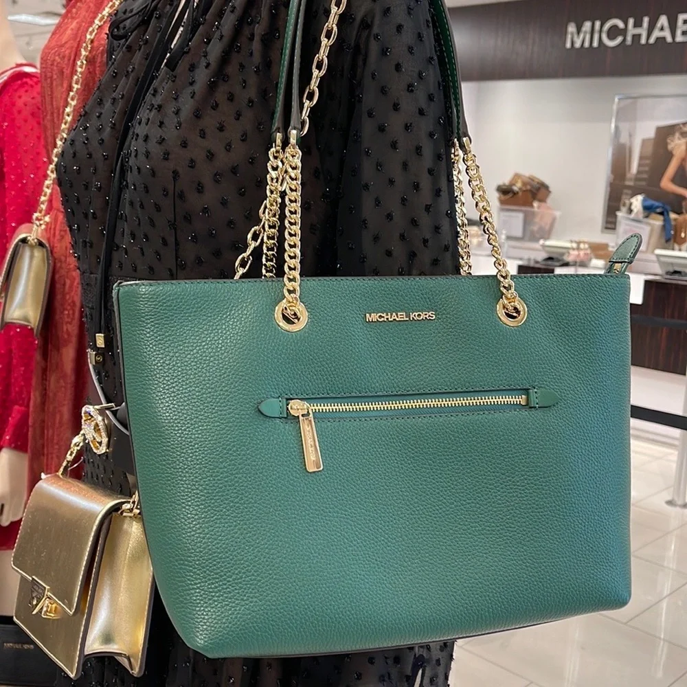 MICHAEL KORS Jet Set Medium Front Zip Pebbled Leather Chain Tote Bag Jewel Green